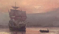 Mayflower en el Puerto de Plymouth por William Halsall, 1882. El Mayflower transportó separatistas ingleses, más conocidos como the Pilgrims, desde Inglaterra a Massachusetts en 1620.