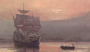 "Mayflower en el Puerto de Plymouth" por William Halsall, 1882. El Mayflower transportó separatistas ingleses, más conocidos como "the Pilgrims", desde Southampton, en Inglaterra, a Plymouth, en Massachusetts, en 1620. Este barco es uno de los símbolos de identidad americanos.